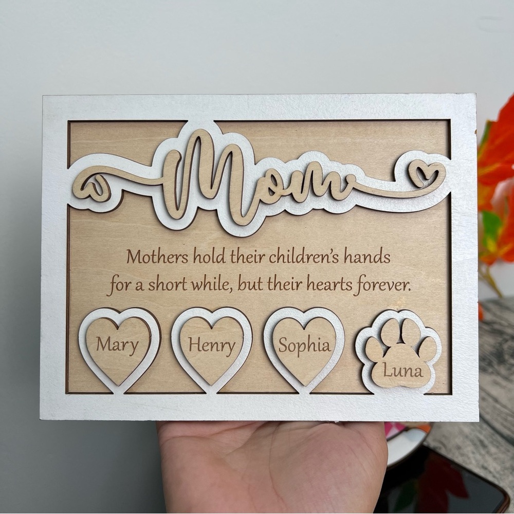 Wooden Mom Plaque with Heart and Paw Cutouts, Mother Day gift wood heart,